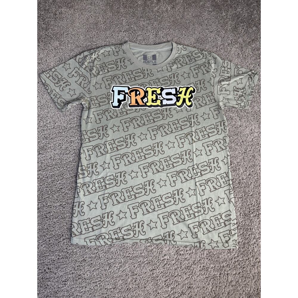 HUSTLE Shirt Mens L Green Fresh Graphic Allover Print Crew Neck Tagless